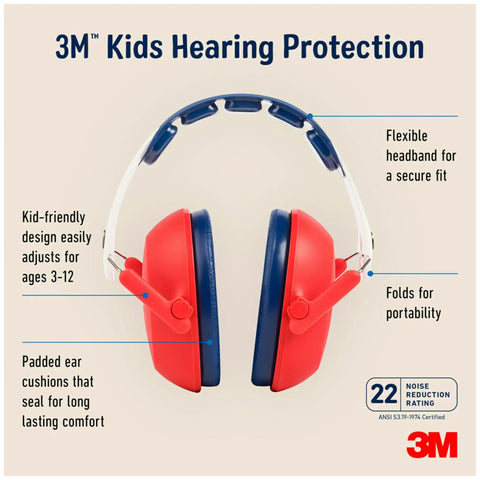 Kids Hearing Protection With Adjustable Headband, 22 dB NRR, red earmuffs, flexible headband, padded ear cushions, age 3-12