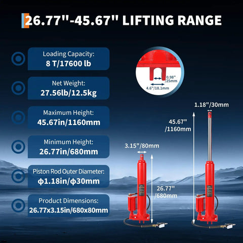 Rugged Pro 8 Ton Hydraulic Long Ram Jack For Engine Hoists Combining Air Compressor Force With Manual Pump Precision Fine Adjustment Shop Ready Heavy Lifter
