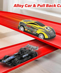 Two mini diecast cars racing on a flexible roll up two lane race track for kid friendly play with suction cups includes four mini diecast cars 1 64th scale compatible indoor outdoor portable racetrack that rolls up easy and fun for ages three and up