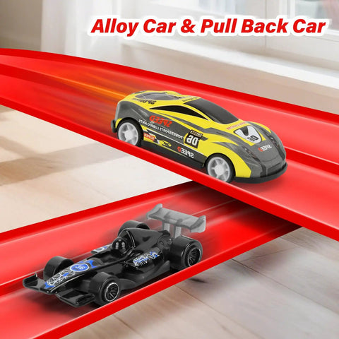 Two mini diecast cars racing on a flexible roll up two lane race track for kid friendly play with suction cups includes four mini diecast cars 1 64th scale compatible indoor outdoor portable racetrack that rolls up easy and fun for ages three and up