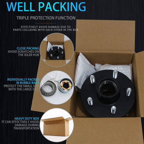 Trailer Hub Kit For 3500 Lbs 5 Lug Axles, 4.5 Inch Hub, Fits 1-1/16 To 1-3/8 Inch Spindles, 5 On 4-1/2, 84 Tapered Spindle packed in box
