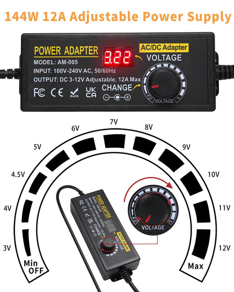Adjustable 3 To 12V 12A 144W Universal DC Power Supply Adapter with Voltage Display, Easy Plug In Converter
