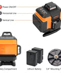 Green Laser Level With 16 Lines, Self Leveling Cross Line Tool, showing power button, battery compartment, and mounting accessories