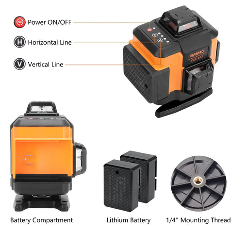 Green Laser Level With 16 Lines, Self Leveling Cross Line Tool, showing power button, battery compartment, and mounting accessories