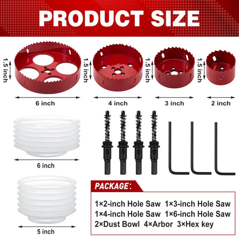 DIY Pro Grade Hole Saw Kit For Recessed And Can Lights 2, 3, 4, 6 Inch Bi Metal With Dust Bowl Guard and components overview
