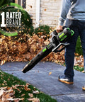 Person using Cordless Leaf Blower With Turbo Mode, 880 CFM At 200 MPH, Beast Power, in yard near leaves.