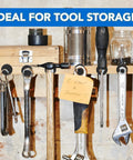 MIKEDE 12-pack neodymium cup magnets, black round bases with mounting holes, attached to a wooden tool rack.