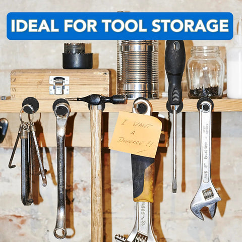 MIKEDE 12-pack neodymium cup magnets, black round bases with mounting holes, attached to a wooden tool rack.