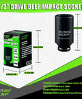 Half Inch Drive Impact Socket 34mm Deep 6 Point for axle nut removal shown with packaging and dimensions