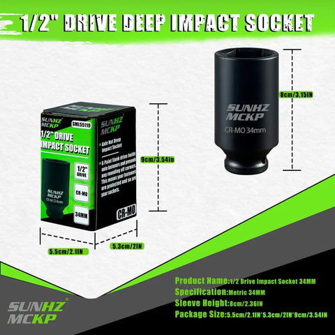 Half Inch Drive Impact Socket 34mm Deep 6 Point for axle nut removal shown with packaging and dimensions