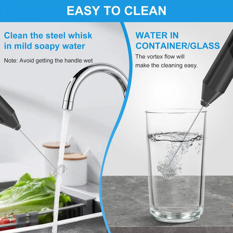 Milk Frother Handheld Electric Blender Stick With Double Coil Stainless Steel Whisk, Battery Operated Foam Maker being cleaned