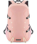 Front view of a pink 35L Water Resistant Daypack For Outdoor Adventures Foldable Hiking Backpack with reflective strips and buckles