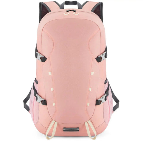 Front view of a pink 35L Water Resistant Daypack For Outdoor Adventures Foldable Hiking Backpack with reflective strips and buckles