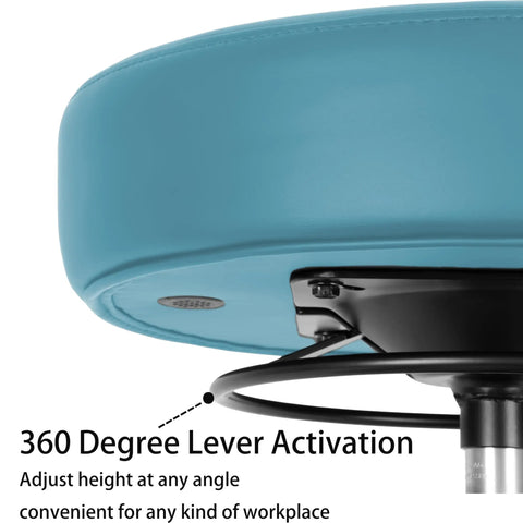 Adjustable Height Rolling Task Stool Built Tough For All Day Grind With Plush High Density Foam Cushion And Smooth Swiveling Nylon Casters For Shop Garage Spa Or Tattoo Room Setup In Blue showing lever activation for height adjustment.