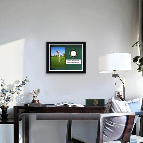 Premium Golf Ball Display Cabinet with Glass Door and 4x6 Photo Frame mounted on wall in elegant room setting