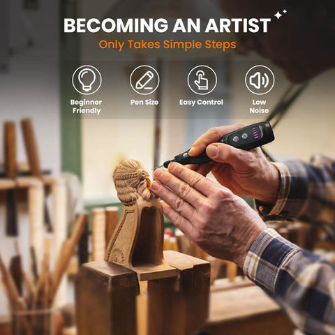 Person using Top Notch Mini Cordless Rotary Tool Accessory Kit With 42 Pieces And 5 Speed Pen Sized Grinder for detailed carving.