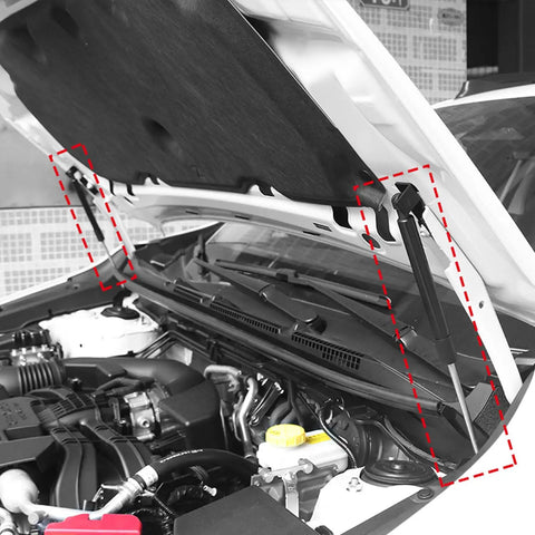 Front Hood Lift Supports For Subaru Crosstrek 2024 And Up, Stainless Steel Hood Shocks shown installed on open hood