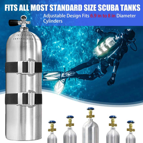 Scuba Dive Tank Strap BCD Band With 304 Stainless Cam Buckles And Non Slip Pads, shown on a standard scuba tank underwater