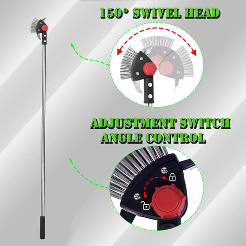Long Reach 3 In 1 Weeding Tool With Adjustable Crevice Cleaners showing 150° swivel head and angle control switch.