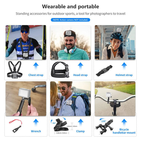 50 In 1 Action Camera Accessory Kit Compatible With GoPro Hero 12 11 10 9 DJI Osmo Action Insta360 X3 X2 GO 3 SJCAM montage view