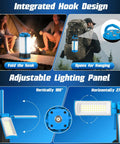 Rechargeable Camping Light With Stand And Detachable Tripod, shown with integrated hook design and adjustable LED heads