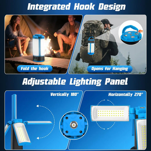 Rechargeable Camping Light With Stand And Detachable Tripod, shown with integrated hook design and adjustable LED heads