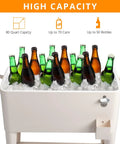 Front view of 80 Quart Rolling Ice Chest Cooler Cart with drinks, beige finish, holds 100 or more cans for patio parties.