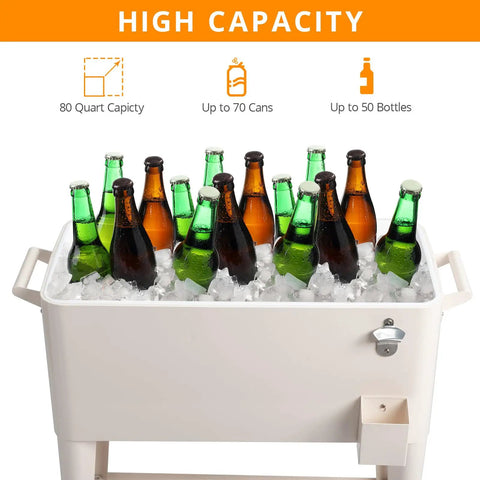 Front view of 80 Quart Rolling Ice Chest Cooler Cart with drinks, beige finish, holds 100 or more cans for patio parties.