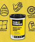 Tub O' Towels TW90 heavy-duty multi-surface cleaning wipes canister with yellow label and black lid, 90 wipes, 10x12 in