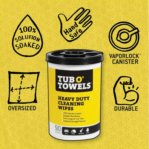 Tub O' Towels TW90 heavy-duty multi-surface cleaning wipes canister with yellow label and black lid, 90 wipes, 10x12 in