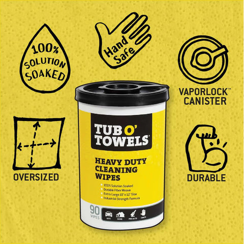 Heavy-Duty Multi-Surface Cleaning Wipes 10 By 12 Inches, 180 Wipes Total, durable canister showing hand safe and oversized features