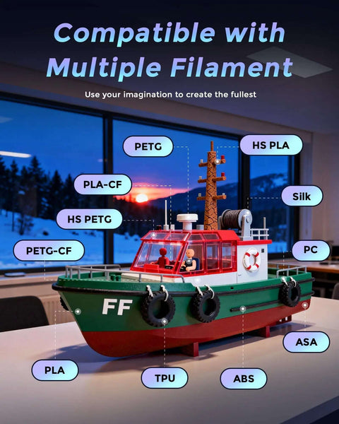 Adventurer 5M 3D printer showcasing filament compatibility with various materials, model boat displayed on table.