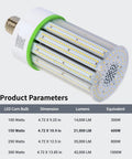 150W LED Corn Light Bulb With E39 Mogul Base, 21,000 Lumen, 5000K Daylight White, Energy Efficient Replacement For Metal Halide HID CFL High Bay Lights, Beefed Up Brightness For Garage, Warehouse, Shop And Outdoor Applications product parameters display.