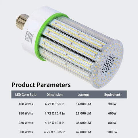 150W LED Corn Light Bulb With E39 Mogul Base, 21,000 Lumen, 5000K Daylight White, Energy Efficient Replacement For Metal Halide HID CFL High Bay Lights, Beefed Up Brightness For Garage, Warehouse, Shop And Outdoor Applications product parameters display.