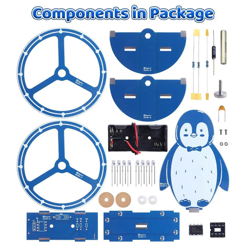 DIY Penguin Soldering Kit With Motion Activated RGB Lights For STEM Education components display including penguin model.
