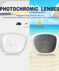 Top Shelf Photochromic Safety Glasses Featuring Fast Adapting Lenses showing clear and tinted lenses against beach background.