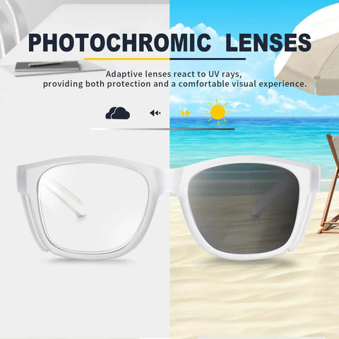 Top Shelf Photochromic Safety Glasses Featuring Fast Adapting Lenses showing clear and tinted lenses against beach background.
