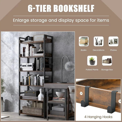 Five Tier Industrial Bookshelf With Four Hooks Built Tough Anti Tip Raised Edge Open Storage For Books Plants Decor