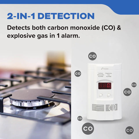Carbon Monoxide And Explosive Gas Alarm Plug In Wall Detector With 9 Volt Battery Backup And Digital LED Display 120 Volt 85 Decibel Safety Monitor For Home shown next to a gas stove.