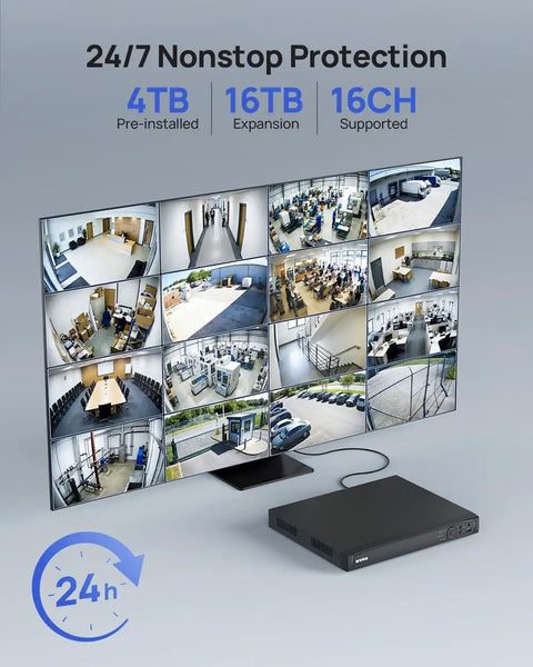 16 Channel 4K PoE Security System With Eight Outdoor 4K Cameras, 12MP NVR With 4TB HDD, AI Motion Detection, monitor display