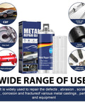 Front view of Metal Repair Glue For Casting And Welding Filler, High Temp Resistant Liquid Metal Adhesive That Fixes Defects, Tough As Nails Repair Solution Softenable In Hot Water, 100g XY0096-F with usage examples.