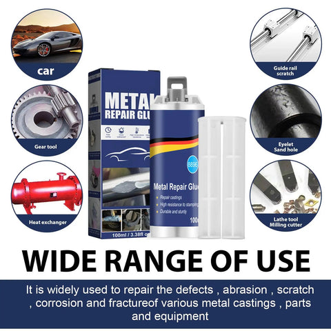 Front view of Metal Repair Glue For Casting And Welding Filler, High Temp Resistant Liquid Metal Adhesive That Fixes Defects, Tough As Nails Repair Solution Softenable In Hot Water, 100g XY0096-F with usage examples.