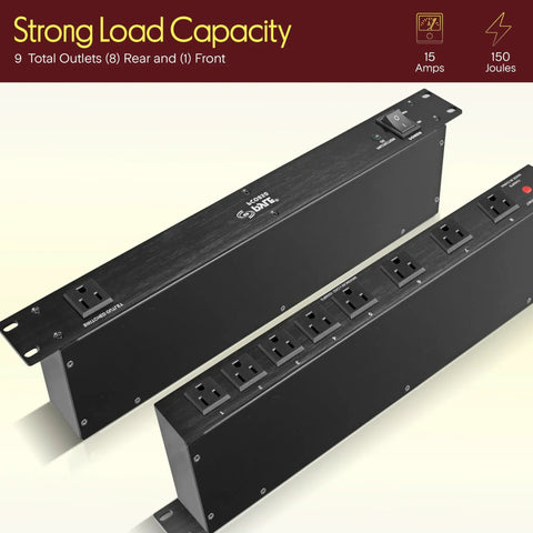 1U Rack Mount Power Conditioner Surge Protector With Seven Outlets Keeps Your Studio Rig Safe No Sweat Plug And Play Spike Guard For Mixers Amplifiers And Live Gear Ready To Roll, showing nine outlets and power switch.