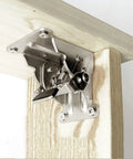 Tough As Nails Foldable Support Brackets With Self Lock Hinges For Table Legs And Workbenches close-up of nickel plated steel hinge