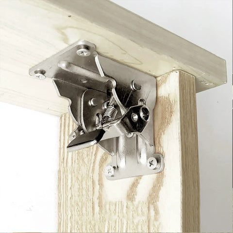 Tough As Nails Foldable Support Brackets With Self Lock Hinges For Table Legs And Workbenches close-up of nickel plated steel hinge