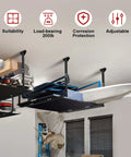 Adjustable Ceiling Storage Rack For Garage Overhead Shelf Bracket Heavy Duty Steel Construction, black, installed with items stored