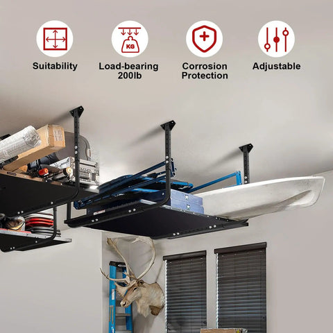 Adjustable Ceiling Storage Rack For Garage Overhead Shelf Bracket Heavy Duty Steel Construction, black, installed with items stored