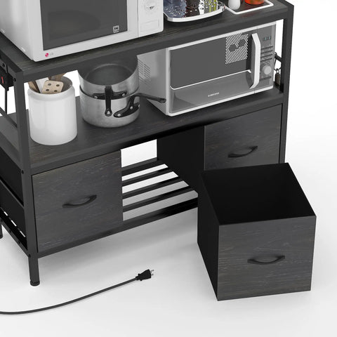 Hella Sturdy Five Tier Kitchen Bakers Rack With Built In Power Outlets And Usb Charging Ports, Industrial Metal Storage Shelf With Baskets And Hooks A Serious Game Changer For Countertop Setup Black