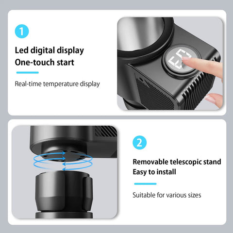 Road Warrior Ready 2 In 1 Car Heating Cooling Cup with LED display and removable telescopic stand for easy use.