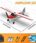Sport Cub 4CH RC Plane For Beginners With Six Axis Gyro Stabilizer, red model with dimensions, remote, and accessories shown